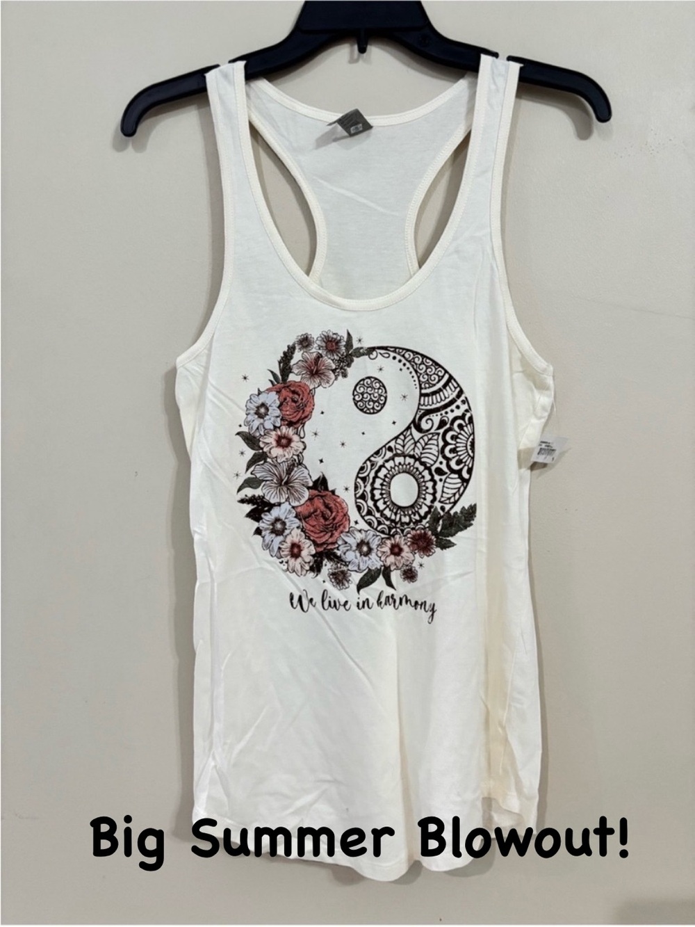 $5 When Bundled! Women’s White Floral Yin Yang Racerback Tank Top